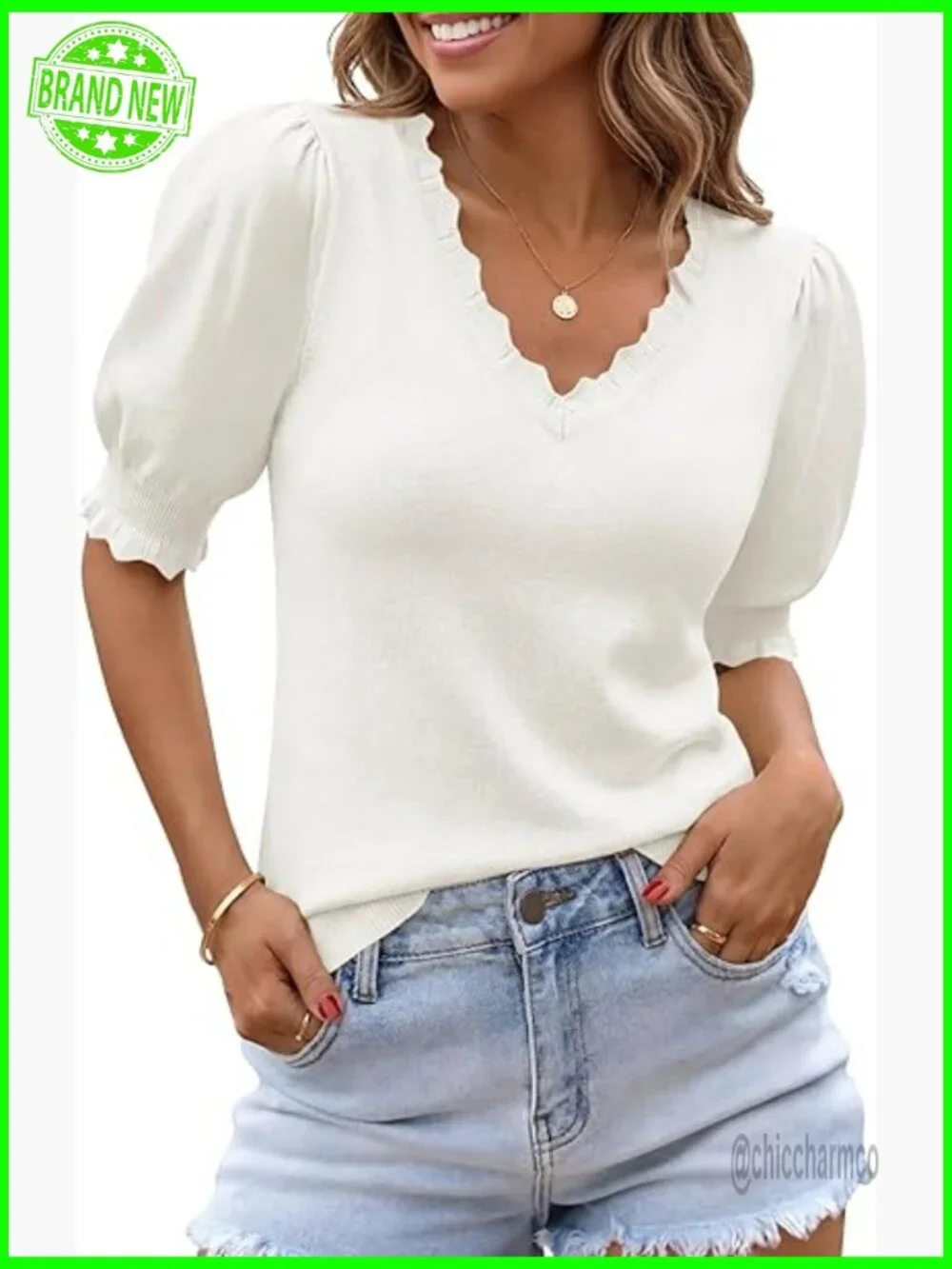 Women's V-Neck Puff Sleeve Sweater Pullover Ribbed Knit Casual Top